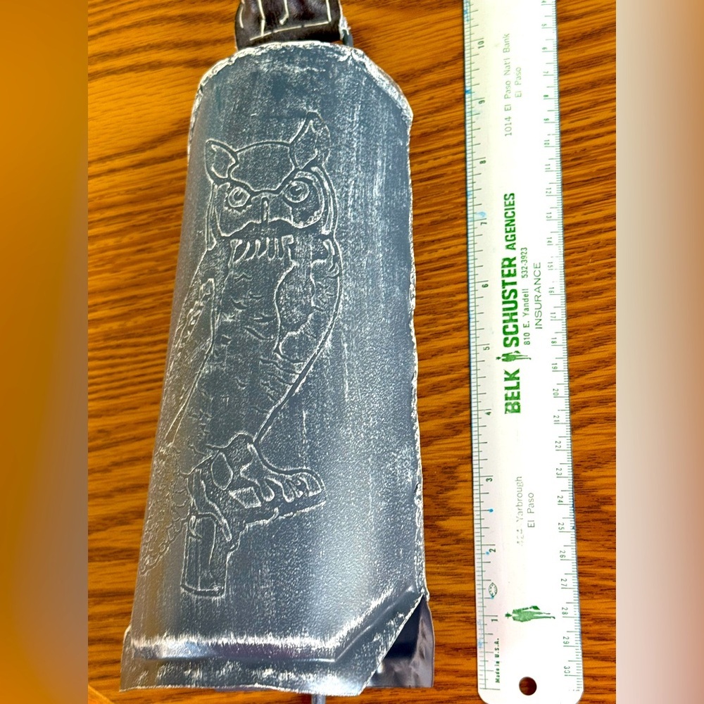 OWL Etched on Cow Bell (Etching on Front & Back) - Tin Bell 19” total height
